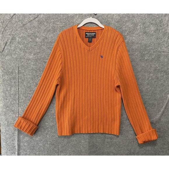 Abercrombie Fitch Ribbed Sweater‎ Mens Sz L Orange V Neck Logo - Picture 1 of 6